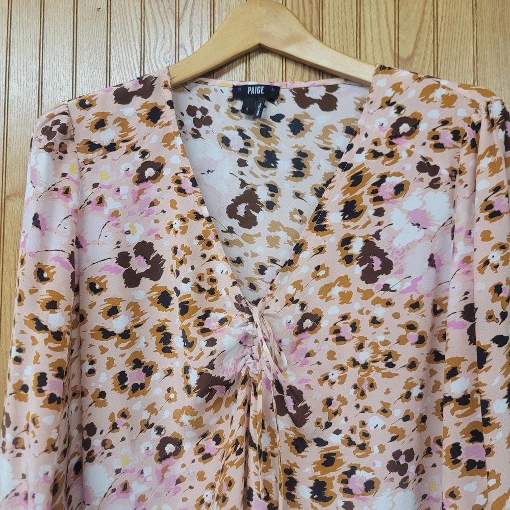 PAIGE Guiliana SILK‎ Cream Tan Animal Print Boho Chic Soft Girl Top Large